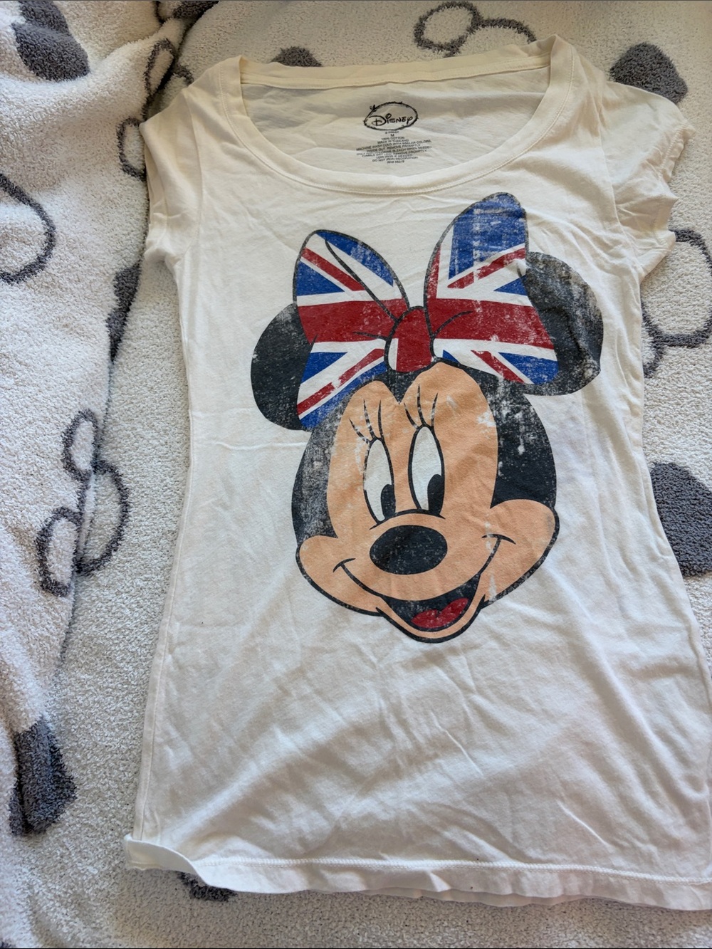 Disney White Minnie Mouse Tee with Union Jack Bow